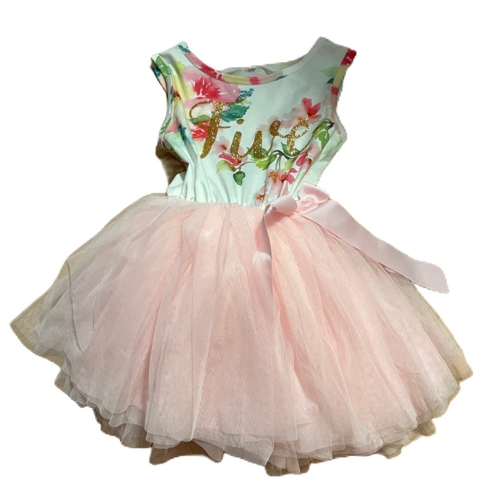 Five 5th Birthday Glitter Tulle Twirl Floral Pink Kids Casual Dress Sz 5 NEW